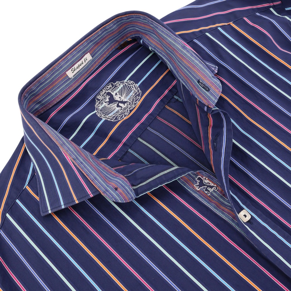Bugatchi Uomo Mens Shaped Fit Navy Blue Multi Color Striped Button Down Shirt L